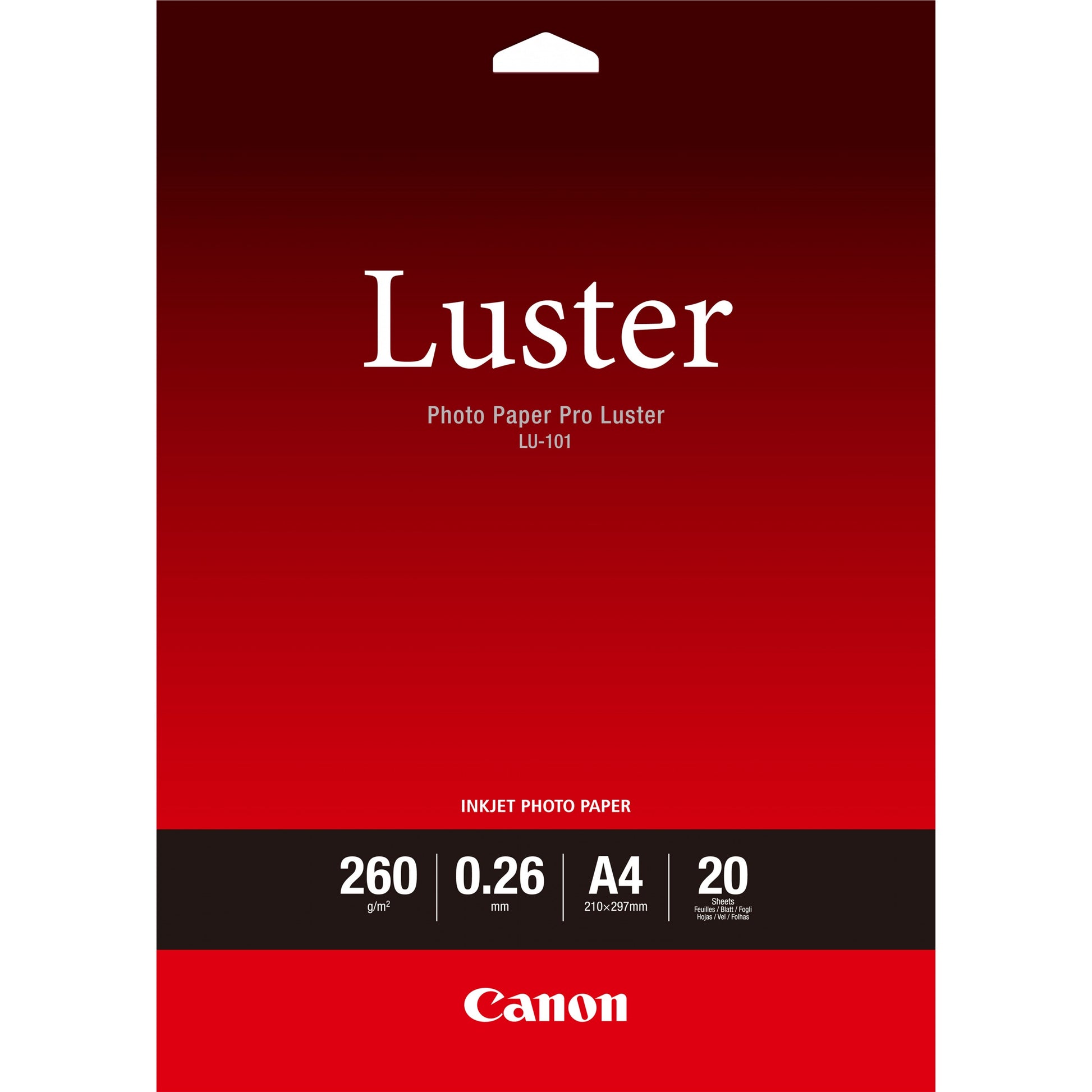 Canon LU-101 Luster foto papir Pro A4 - 20 listova. Saten. 260 g/m². Bijelo. 260 µm. 10 - 35 Â°C. 10 - 35 Â°C