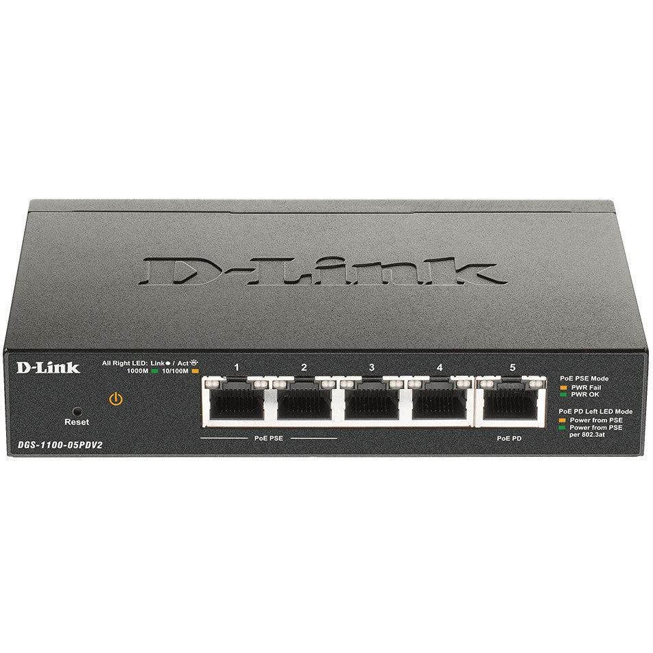 D-Link DGS-1100-05PDV2. Upravljani. Gigabit Ethernet (10/100/1000). Puni dupleks. Napajanje preko Etherneta (PoE).