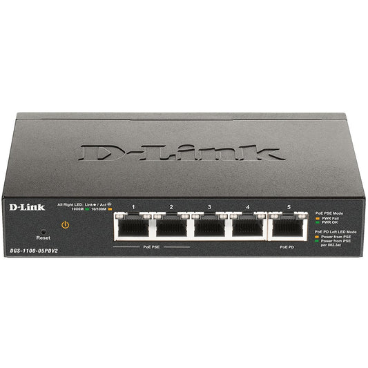 D-Link DGS-1100-05PDV2. Upravljani. Gigabit Ethernet (10/100/1000). Puni dupleks. Napajanje preko Etherneta (PoE).