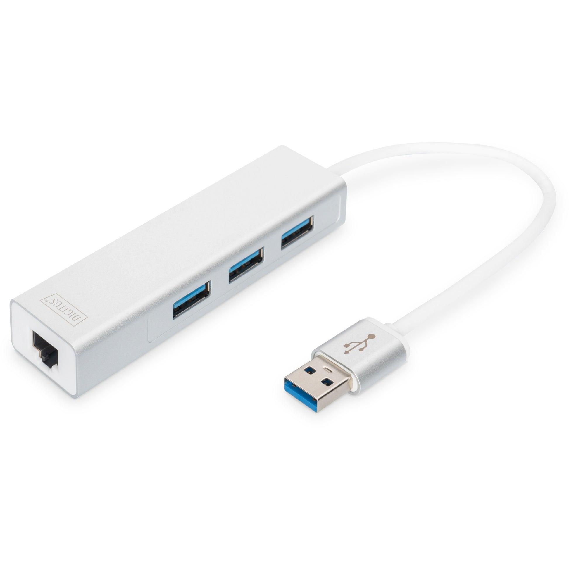 Digitus USB 3.0 3-portni hub i gigabitni LAN adapter. USB 3.2 Gen 1 (3.1 Gen 1) Tip-A. IEEE 802.3. IEEE 802.3ab. IEEE 802.3u. Srebrna. Bijela. USB 3.2 Gen 1 (3.1 Gen 1) Tip-A. Aluminij. Kina.