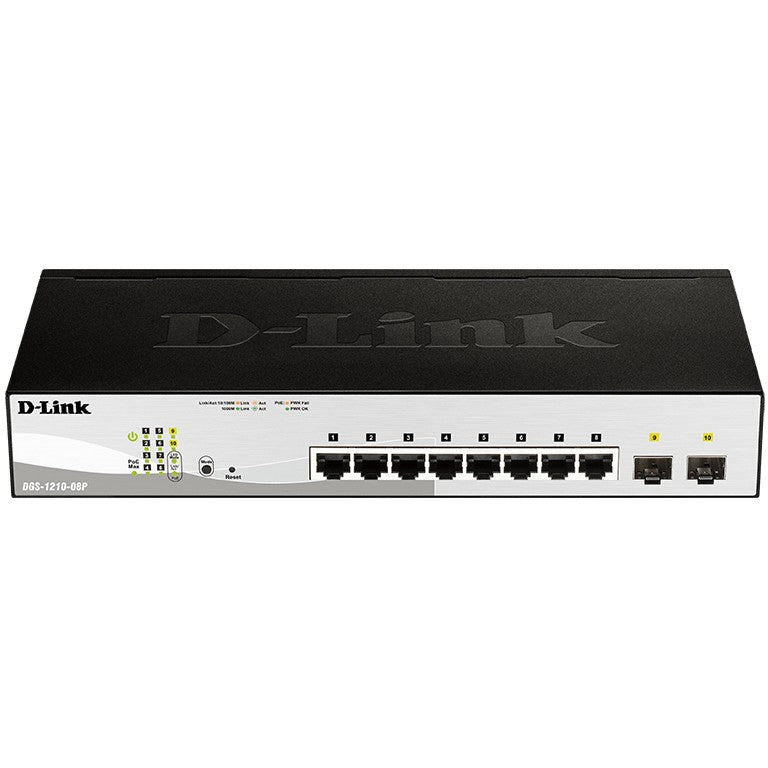 D-Link DGS-1210-08P. Upravljani. L2. Gigabit Ethernet (10/100/1000). Puni dupleks. Napajanje preko Etherneta (PoE). Montaža u rack.