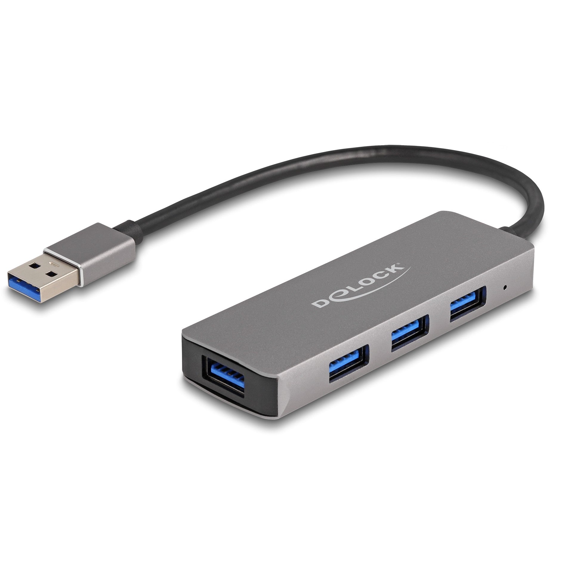 DeLOCK 4-portni USB hub od 5 Gbps s USB Tipa-A konektorima – USB Tipa-A portovi sa strane. USB 3.2 Gen 1 (3.1 Gen 1) Tipa-A. 5000 Mbit/s. Siva boja. Okrugli kabel. 0,2 m