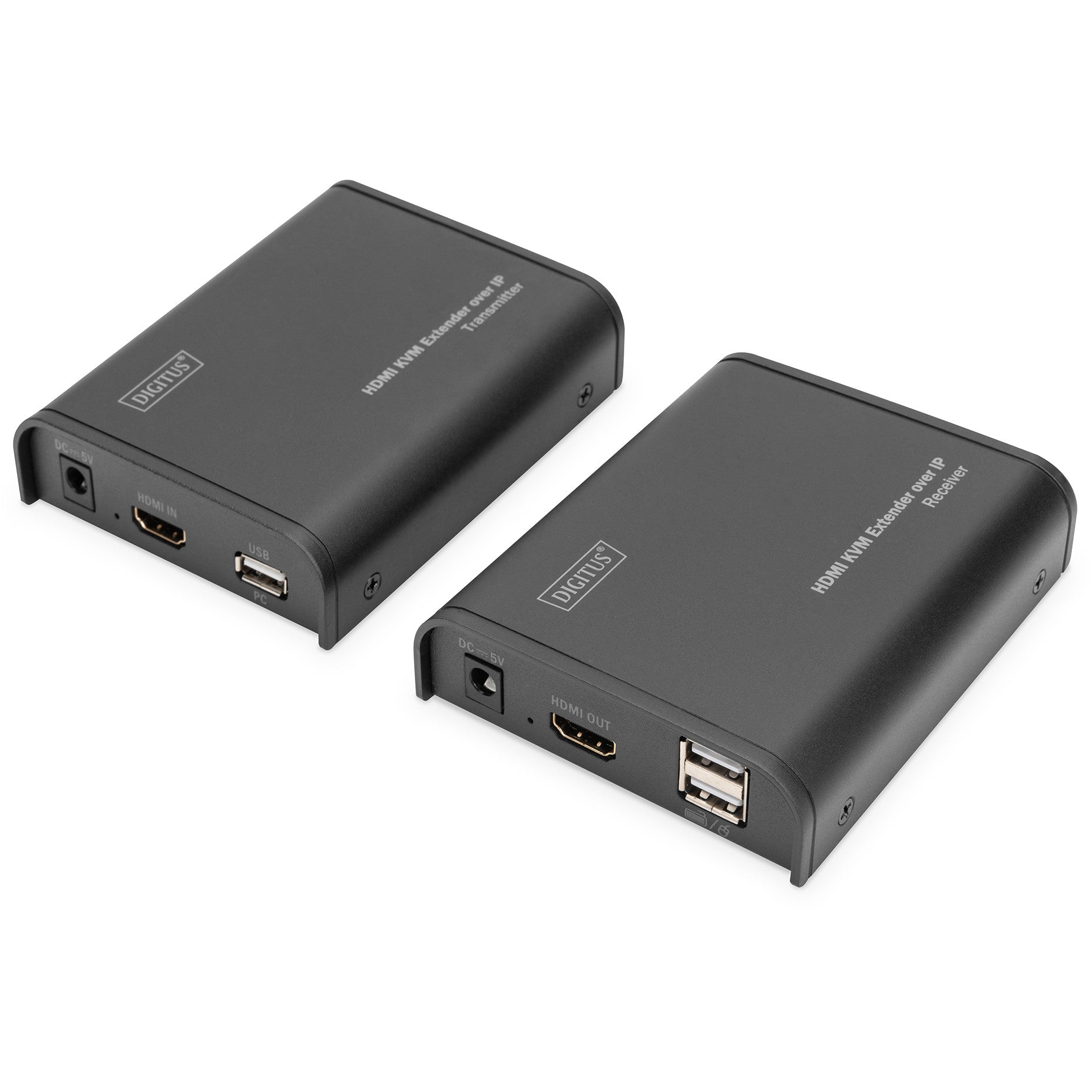 Digitus HDMI KVM IP Extender Set. Predajnik i prijemnik. Žični. 80 m. Cat5. Cat5e. Cat6. 1920 x 1080 piksela. Crni.
