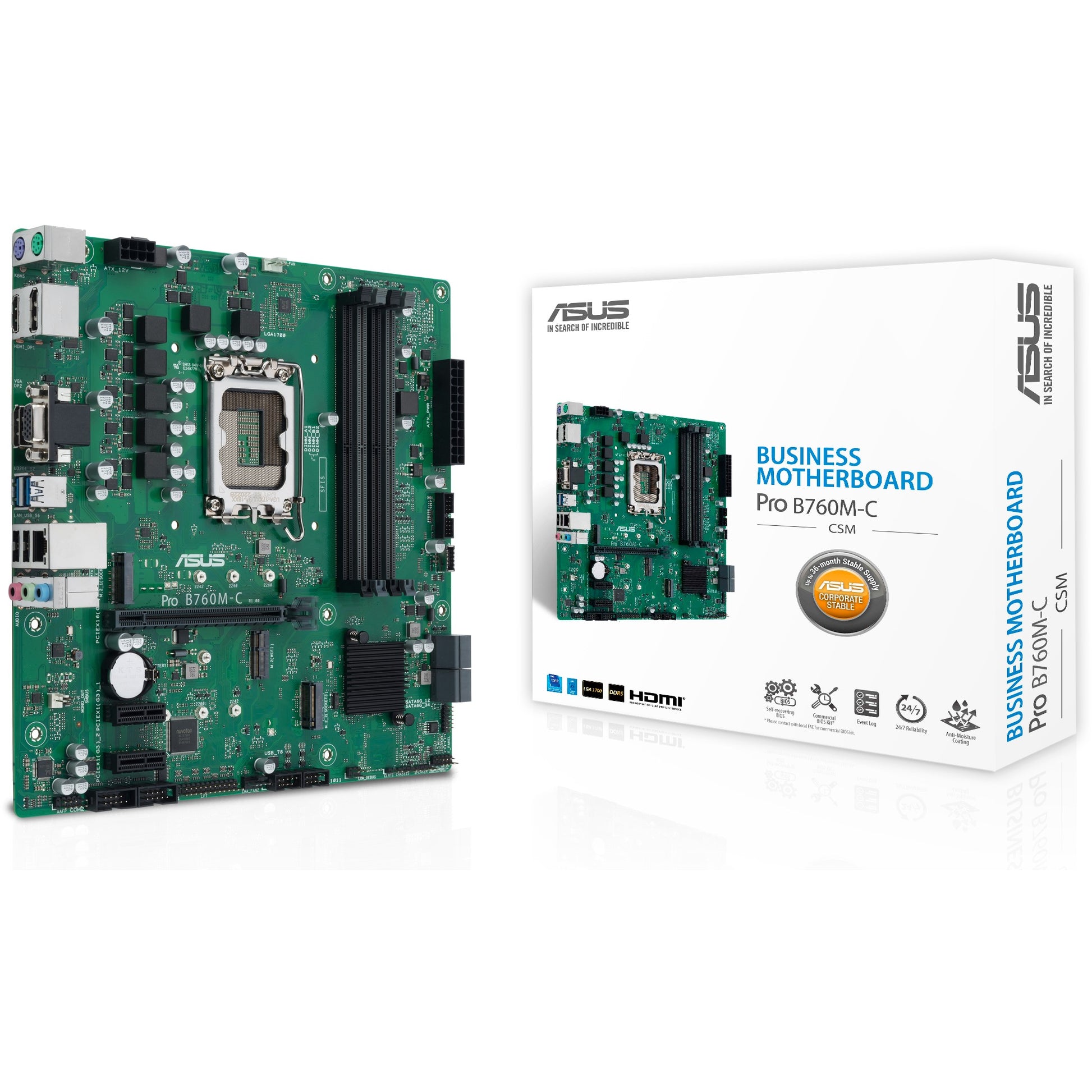 ASUS PRO B760M-C-CSM. Intel. LGA 1700. Intel® Celeron®. Intel® Core™ i3. Intel® Core™ i5. Intel® Core™ i7. Intel® Core™ i9..... LGA 1700. DDR5 SDRAM. 128 GB
