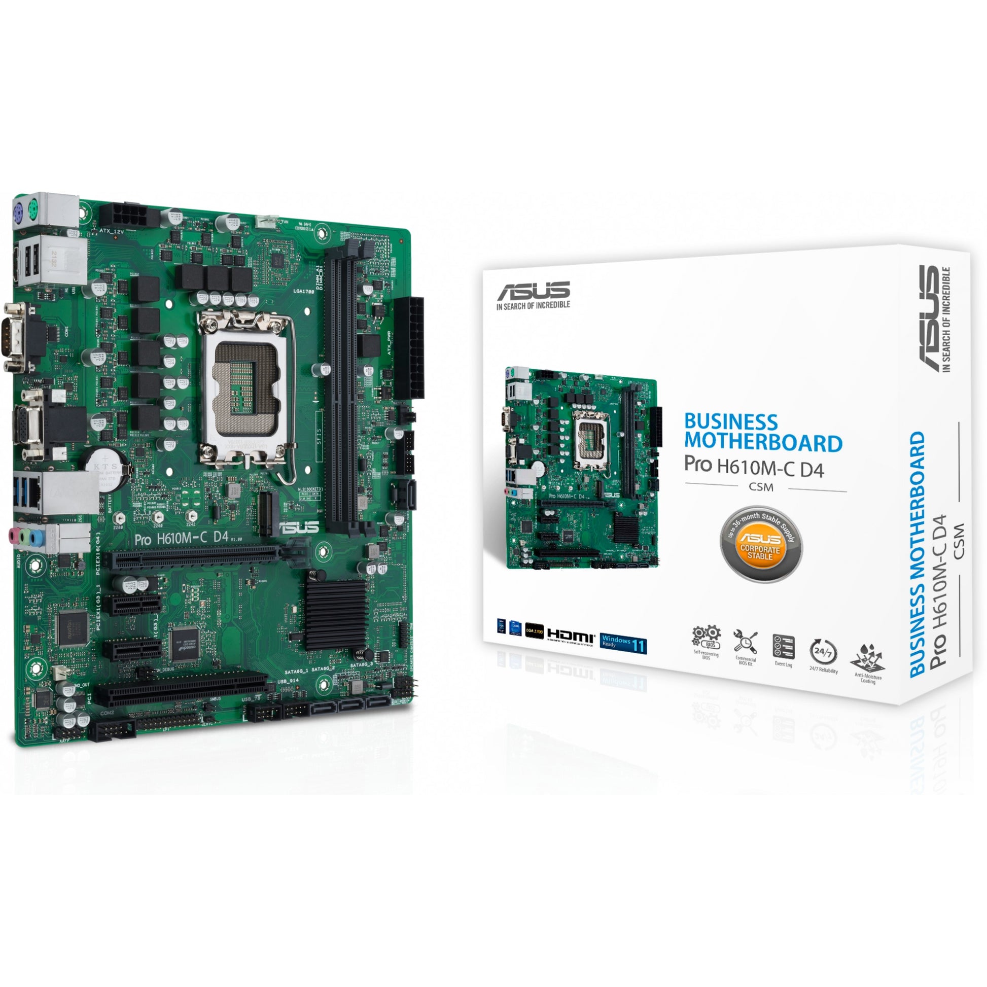 ASUS PRO H610M-C D4-CSM. Intel. LGA 1700. Intel® Celeron®. Intel® Core™ i3. Intel® Core™ i5. Intel® Core™ i7. Intel® Core™ i9. Intel® Pentium®. DDR4 SDRAM. 64 GB. DIMM