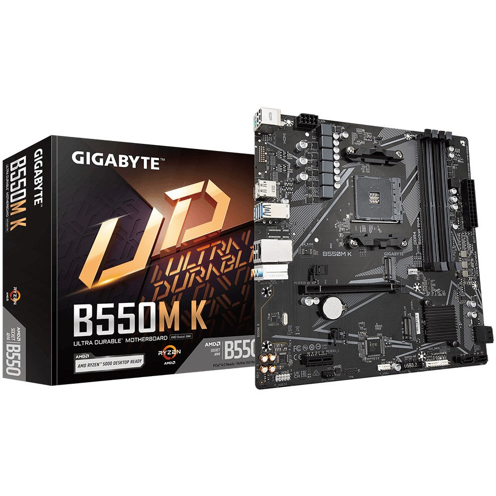 GIGABYTE B550M K matična ploča - AMD Ryzen 5000 procesori. do 4733 MHz DDR4. 1xPCIe 4.0 + 1xPCIe 3.0 M.2. 1GbE LAN. USB 3.2 Gen 1. AMD. Podnožje AM4. AMD Ryzen 3000 serija. AMD Ryzen 4000 serija. AMD Ryzen 5000 serija. Podnožje AM4