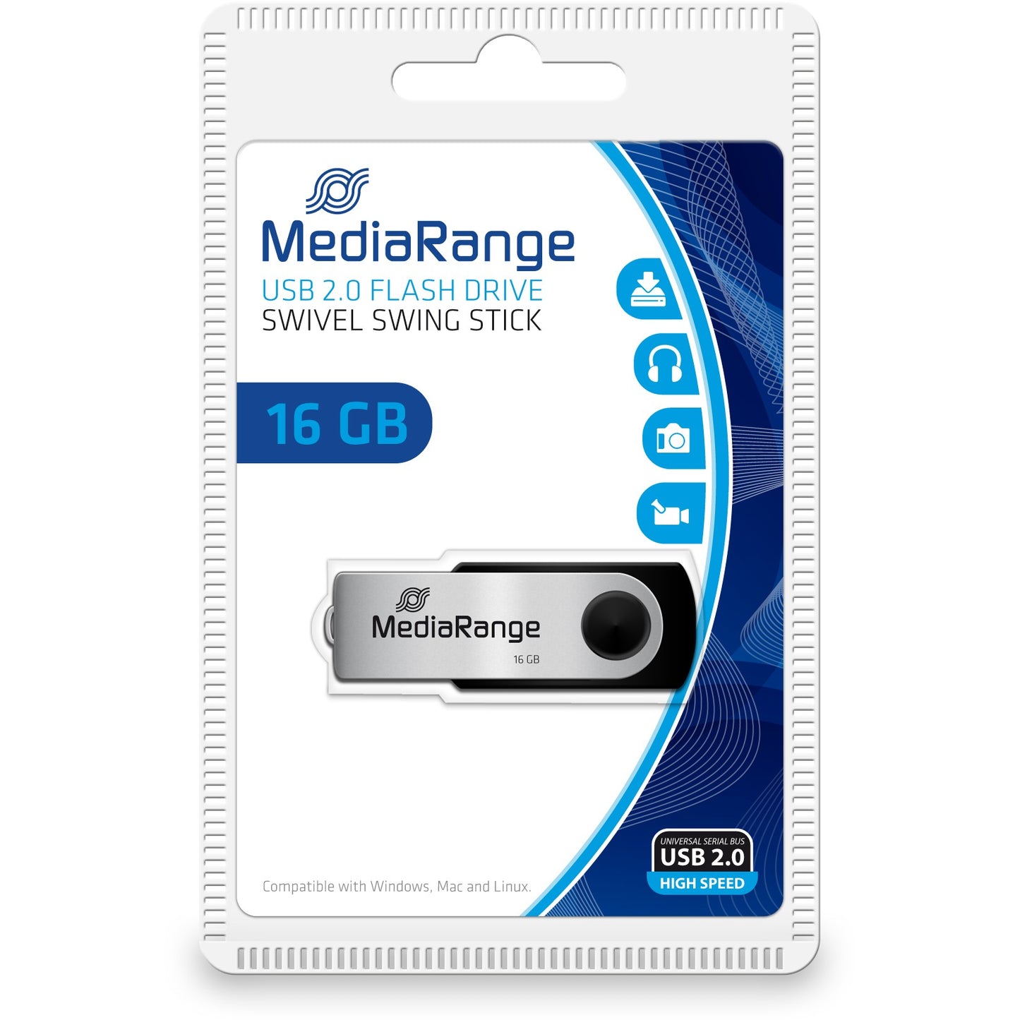 MediaRange MR910. 16 GB. USB Tip-A / Micro-USB. 2.0. 13 MB/s. Rotirajući prsten. Crna. Srebrna.