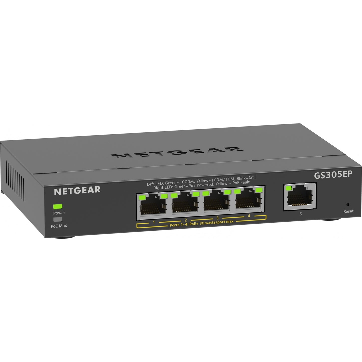 NETGEAR GS305EP preklopnik, 5-portni gigabitni Ethernet LAN PoE preklopnik Plus (sa 4x PoE+ 63W. Upravljani mrežni preklopnik sa IGMP snoopingom. QoS. VLAN. metalno kućište bez ventilatora). Upravljani. L2/L3. Gigabit Ethernet (10/100/1000). Potpuni dupleks. Napajanje preko Etherneta (PoE)
