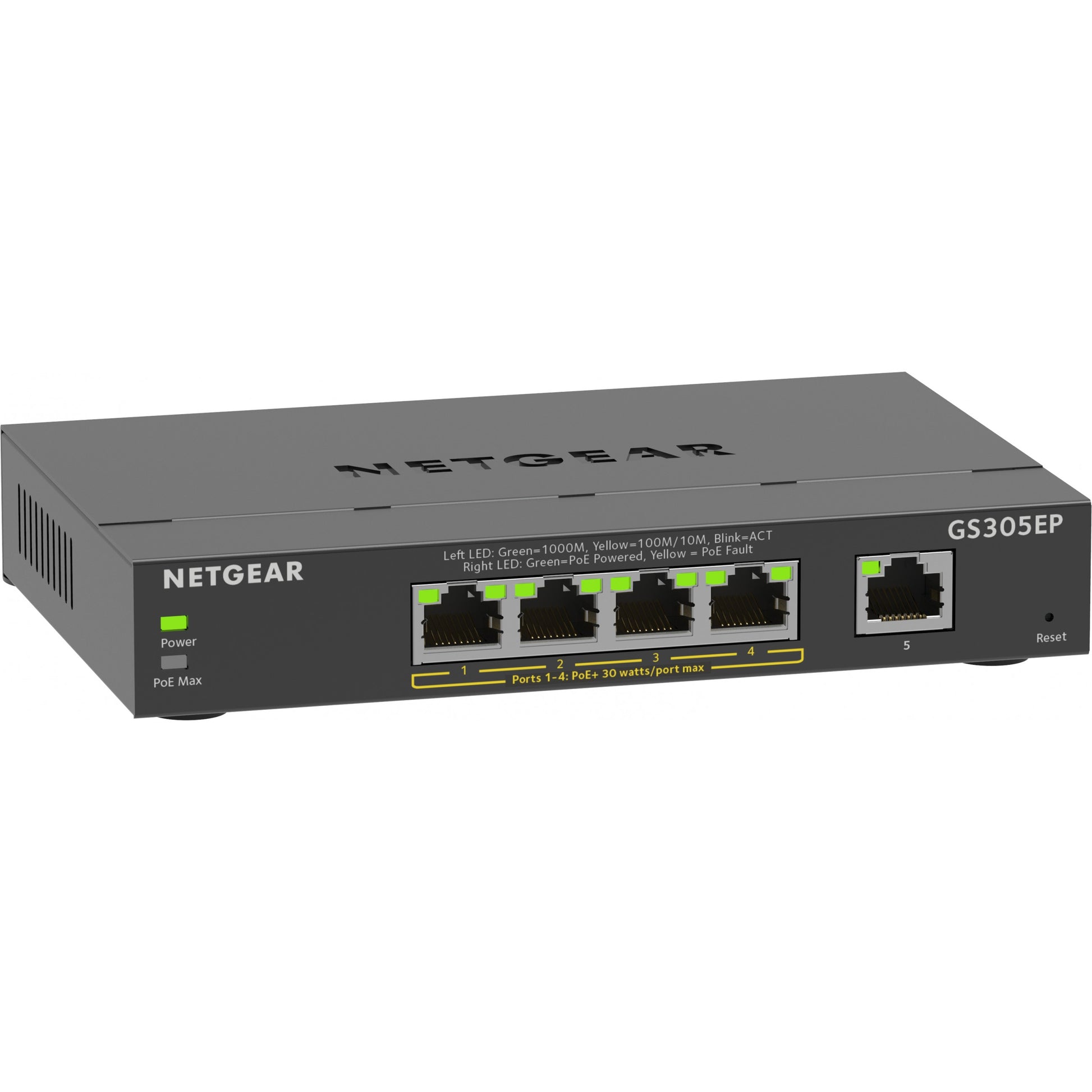 NETGEAR GS305EP preklopnik, 5-portni gigabitni Ethernet LAN PoE preklopnik Plus (sa 4x PoE+ 63W. Upravljani mrežni preklopnik sa IGMP snoopingom. QoS. VLAN. metalno kućište bez ventilatora). Upravljani. L2/L3. Gigabit Ethernet (10/100/1000). Potpuni dupleks. Napajanje preko Etherneta (PoE)