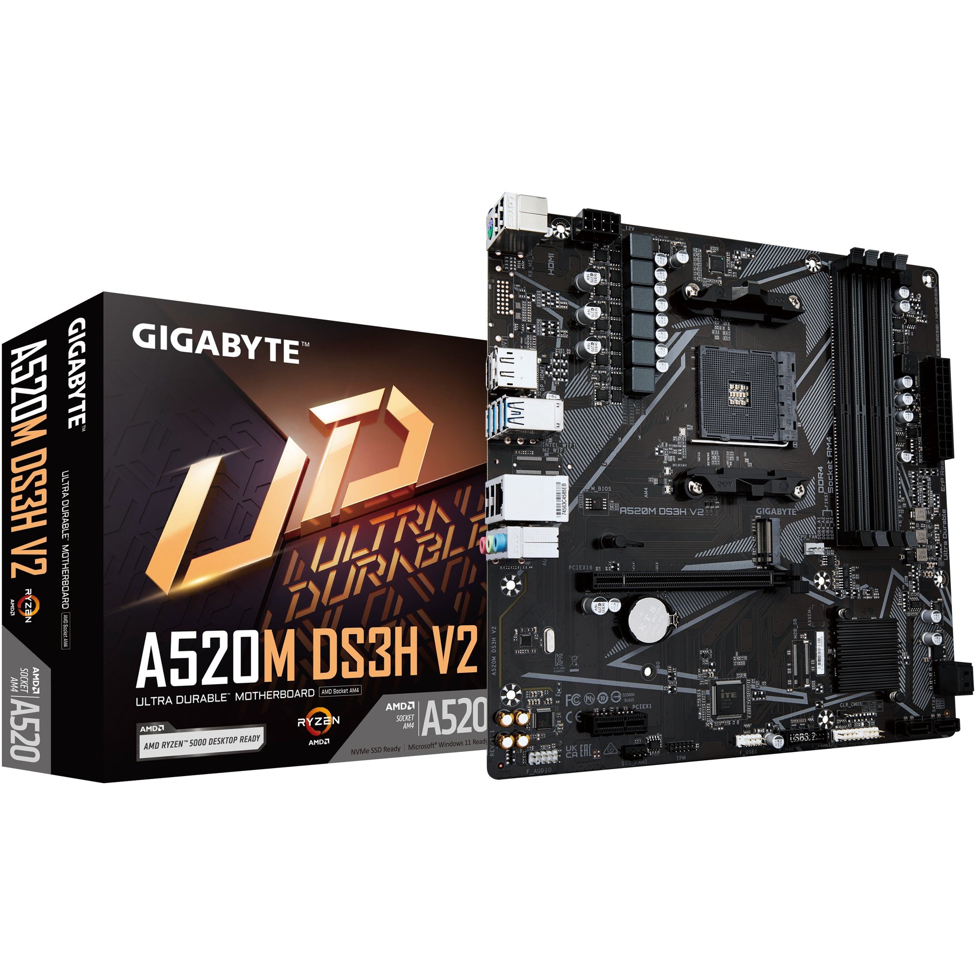 GIGABYTE A520M DS3H V2 matična ploča - Podržava AMD Ryzen 5000 seriju AM4 procesora. Do 4733 MHz DDR4 (OC). PCIe 3.0 x16. GbE LAN. USB 3.2 Gen 1. AMD. Podnožje AM4. AMD Ryzen 3000 serija. AMD Ryzen Threadripper 3000 serija. AMD Ryzen Threadripper PRO 3000 WX serija. Podnožje AM4. 128 GB DDR4 SDRAM.
