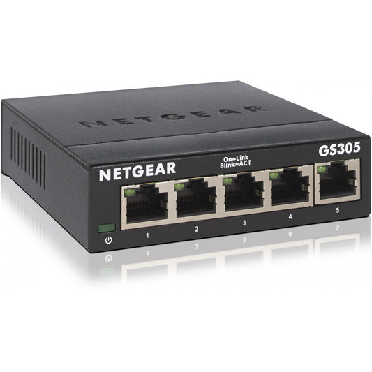 NETGEAR GS305 Prekidač 5-portni gigabitni Ethernet LAN prekidač (Plug-and-Play mrežni prekidač, LAN distributer, čvorište, energetski efikasan, bez ventilatora, robusno metalno kućište). Neupravljan. Sloj 2. Gigabit Ethernet (10/100/1000). Montaža na zid.