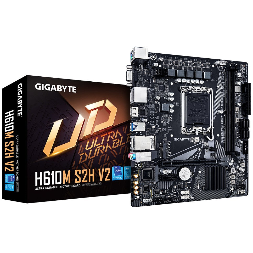 GIGABYTE H610M S2H V2 matična ploča - Podržava Intel Core procesore 14. generacije. 4+1+1 hibridni fazni digitalni VRM. do 5600MHz DDR5. 1xPCIe 3.0 M.2. GbE LAN. USB 3.2 Gen 1. Intel. LGA 1700. Intel® Celeron®. Intel® Core™ i3. Intel® Core™ i5. Intel® Core™ i7. Intel® Core™ i9..... LGA 1700. 96 GB. DDR5 SDRAM