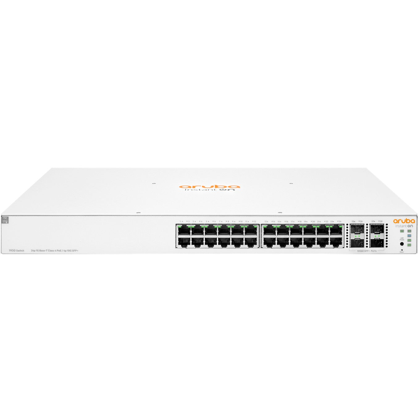 HPE Aruba Networking Instant On 1930 24G Class4 PoE 4SFP/SFP+ 370W. Upravljani. L2+. Gigabit Ethernet (10/100/1000). Napajanje preko Etherneta (PoE). Montaža u rack. 1U