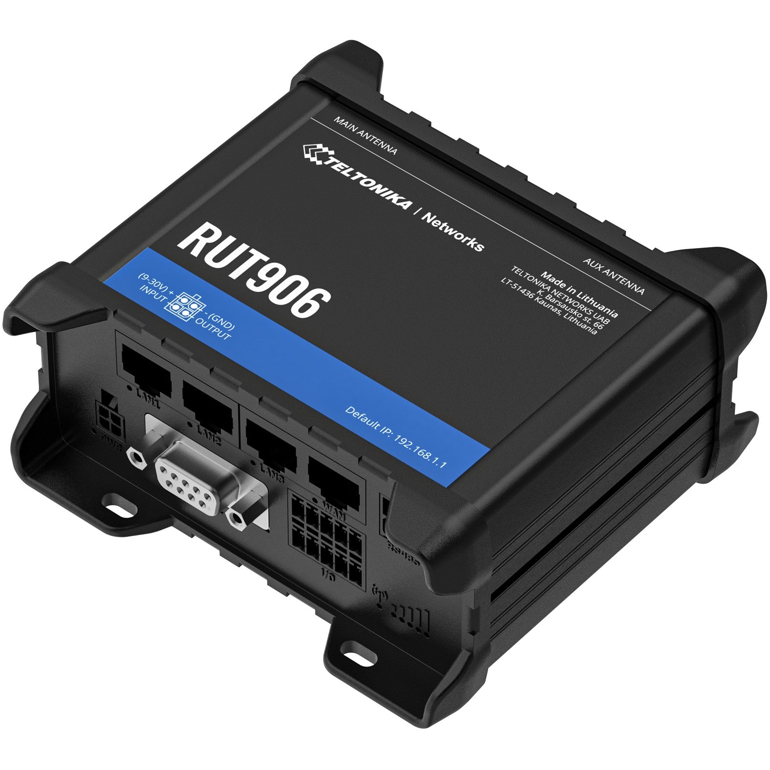 Teltonika · Ruter · RUT906 · LTE Modem Ruter/WLAN - Ruter - WLAN. Ruter za mobilnu mrežu. Crni. Aluminijum. DIN šina. 3G. Podaci. Mreža. Performanse. Sistem. Brzi Ethernet
