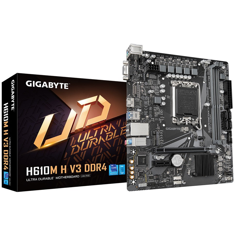 GIGABYTE H610M H V3 DDR4 matična ploča - podržava Intel Core procesore do 14.000 CPU-a. 4+1+1 hibridni fazni digitalni VRM. do 3200MHz DDR4. 1xPCIe 3.0 M.2. GbE LAN. USB 3.2 Gen 1. Intel. LGA 1700. Intel® Celeron®. Intel® Core™ i3. Intel® Core™ i5. Intel® Core™ i7. Intel® Core™ i9..... LGA 1700. DDR4 SDRAM. 64 GB
