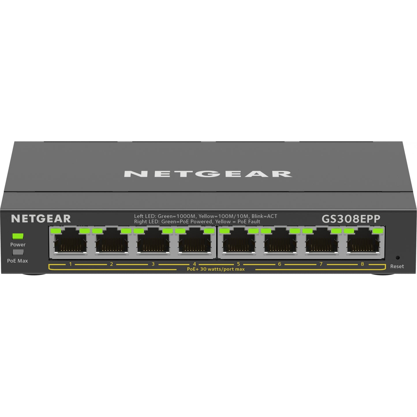 NETGEAR 8-portni gigabitni Ethernet High-Power PoE+ Plus prekidač (GS308EPP). Upravljani. L2/L3. Gigabit Ethernet (10/100/1000). Potpuni dupleks. Napajanje preko Etherneta (PoE)