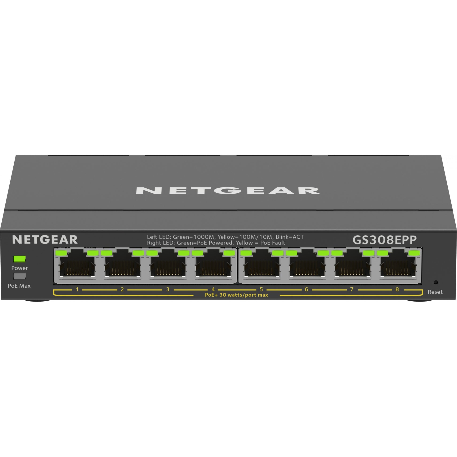 NETGEAR 8-portni gigabitni Ethernet High-Power PoE+ Plus prekidač (GS308EPP). Upravljani. L2/L3. Gigabit Ethernet (10/100/1000). Potpuni dupleks. Napajanje preko Etherneta (PoE)