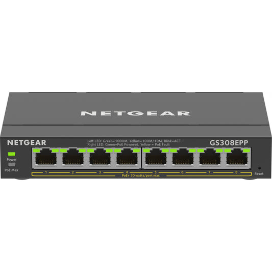NETGEAR 8-portni gigabitni Ethernet High-Power PoE+ Plus prekidač (GS308EPP). Upravljani. L2/L3. Gigabit Ethernet (10/100/1000). Potpuni dupleks. Napajanje preko Etherneta (PoE)
