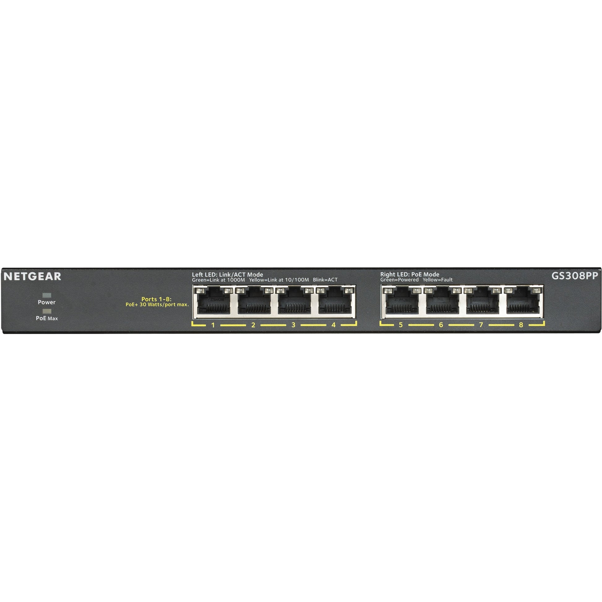 NETGEAR GS308PP. Neupravljani. Gigabit Ethernet (10/100/1000). Puni dupleks. Napajanje preko Etherneta (PoE). Montaža u rack. Montaža na zid.