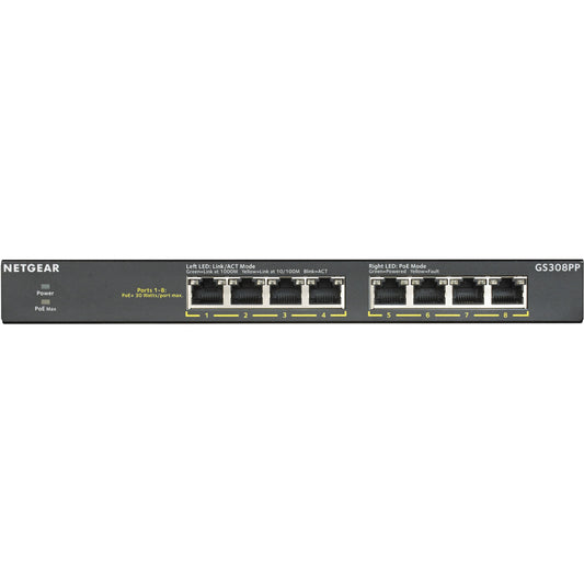 NETGEAR GS308PP. Neupravljani. Gigabit Ethernet (10/100/1000). Puni dupleks. Napajanje preko Etherneta (PoE). Montaža u rack. Montaža na zid.