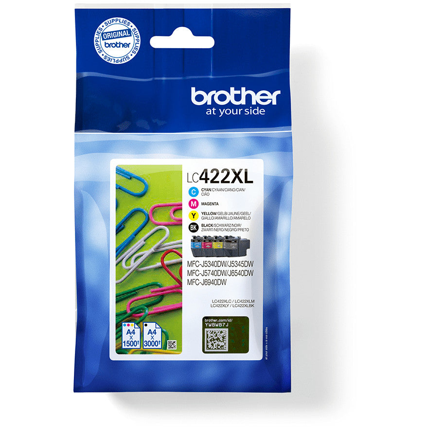 Brother LC422XLVAL. Crna. Cijan. Magenta. Žuta. 4 komada. 3000 stranica. 1500 stranica. Višestruko pakovanje