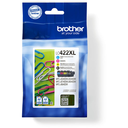 Brother LC422XLVAL. Crna. Cijan. Magenta. Žuta. 4 komada. 3000 stranica. 1500 stranica. Višestruko pakovanje