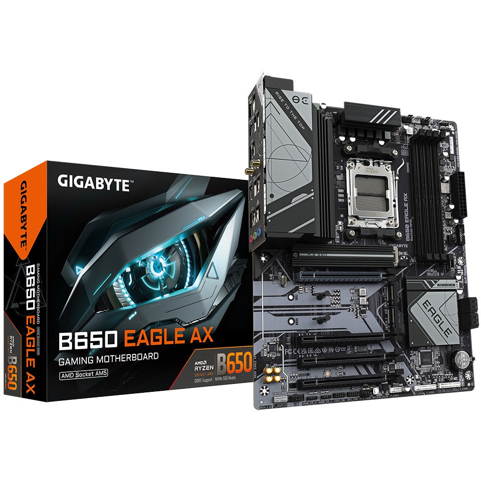 GIGABYTE B650 EAGLE AX matična ploča - AMD Ryzen 9000 serija. 12+2+2 faze VRM. do 7600 MHz DDR5 (OC). 1xPCIe 5.0 + 2xPCIe 4.0 M.2. GbE LAN. WIFI 6E. USB 3.2 Gen 2. AMD. Socket AM5. AMD Ryzen 7000 serija. AMD Ryzen 8000 serija. AMD Ryzen 9000 serija. Socket AM5. DDR5 SDRAM. 256GB