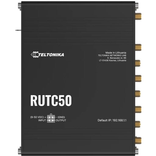 Teltonika RUTC50. Wi-Fi 6 (802.11ax). Dvopojasni (2.4 GHz/5 GHz). Ethernet/LAN. 5G. Crni. Industrijski ruter