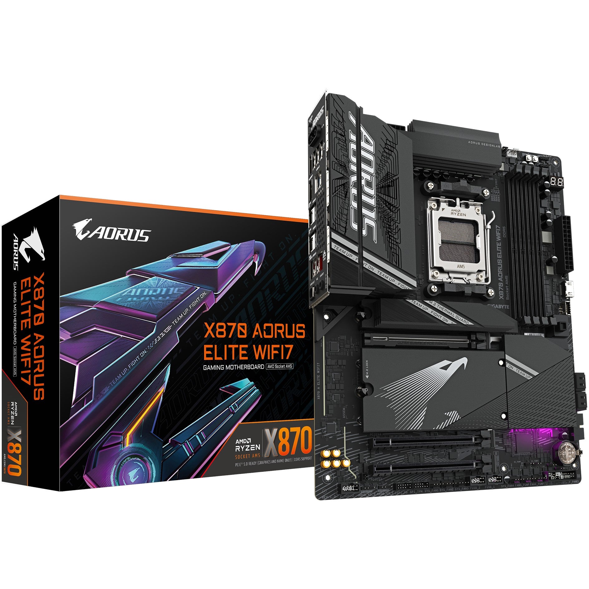 GIGABYTE X870 AORUS ELITE WIFI7 matična ploča - Podržava AMD Ryzen 9000 procesore. 16+2+2 fazni VRM. Do 8000MHz DDR5 (OC). 3x PCIe 5.0 + 1x PCIe 4.0. Wi-Fi 7. 2.5GbE LAN. USB 4. AMD. Podnožje AM5. AMD Ryzen 7000 serija. AMD Ryzen 8000 serija. AMD Ryzen 9000 serija. Podnožje AM5. 256 GB DDR5 SDRAM.