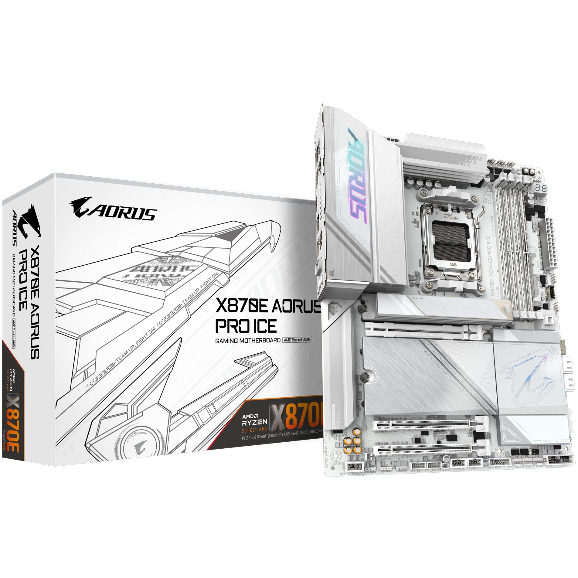 GIGABYTE X870E AORUS PRO ICE matična ploča - Podržava AMD Ryzen 9000 procesore. 16+2+2 fazni digitalni VRM. Do 8000MHz DDR5 (OC). 3x PCIe 5.0 + 1x PCIe 4.0. Wi-Fi 7. 2.5GbE LAN. USB 4. AMD. Podnožje AM5. AMD Ryzen 7000 serija. AMD Ryzen 8000 serija. AMD Ryzen 9000 serija. Podnožje AM5. 256 GB DDR5 SDRAM.