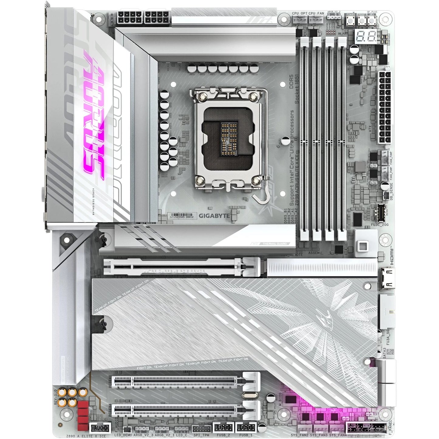 GIGABYTE Z890 AORUS ELITE X ICE matična ploča - Podržava Intel Core Ultra (Serija 2) procesore. 16+1+2 fazni VRM. Do 9500MHz DDR5 (OC). 1x PCIe 5.0 + 4x PCIe 4.0. Wi-Fi 7. 2.5GbE LAN. Thunderbolt 4. Intel. LGA 1851 (Socket V1). Intel Core Ultra (Serija 2). LGA 1851. 256 GB DDR5 SDRAM.