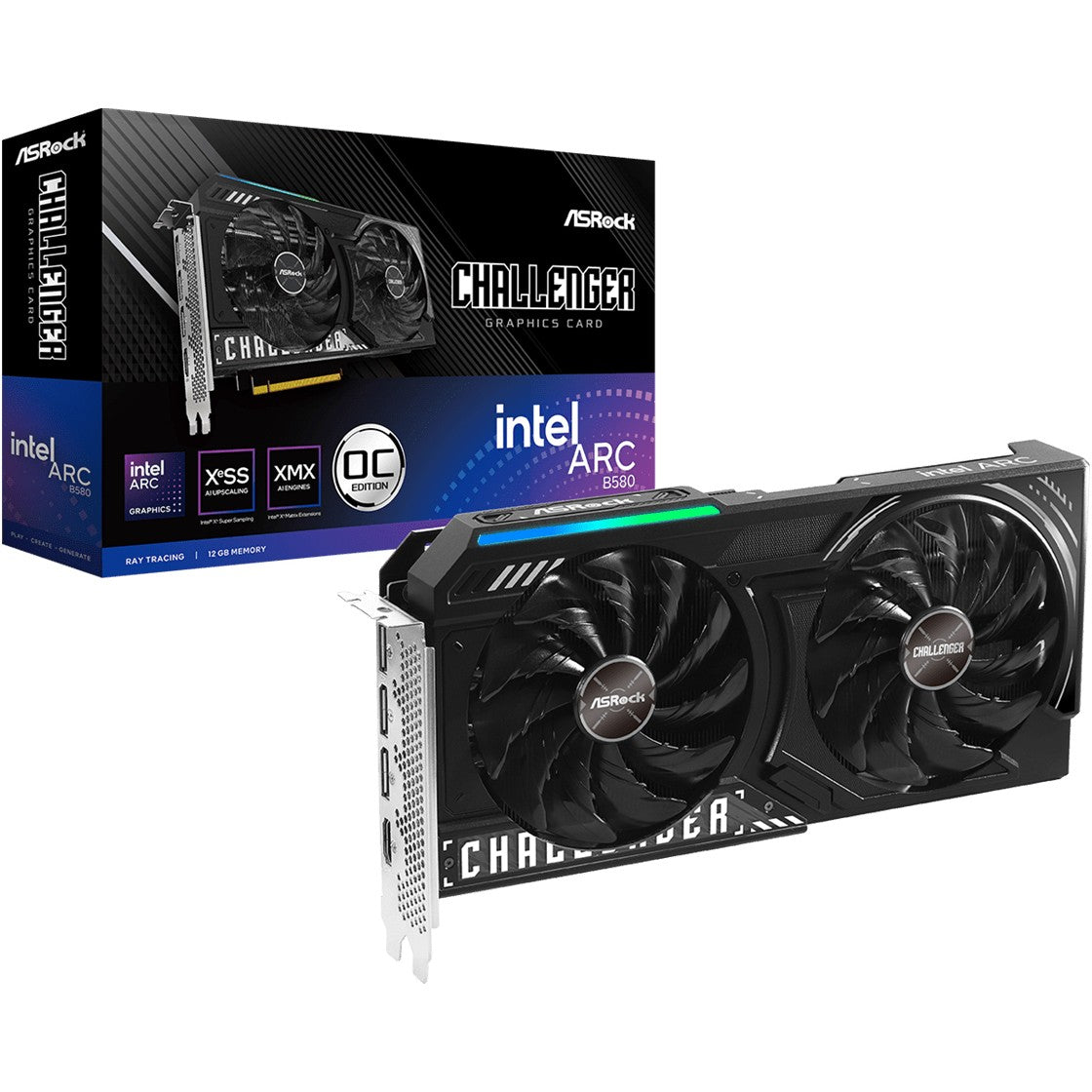 Asrock Intel Arc B580 Challenger 12GB OC. Arc B580. 12GB. GDDR6. 192 bita. 7680 x 4320 piksela. PCI Express x8 4.0