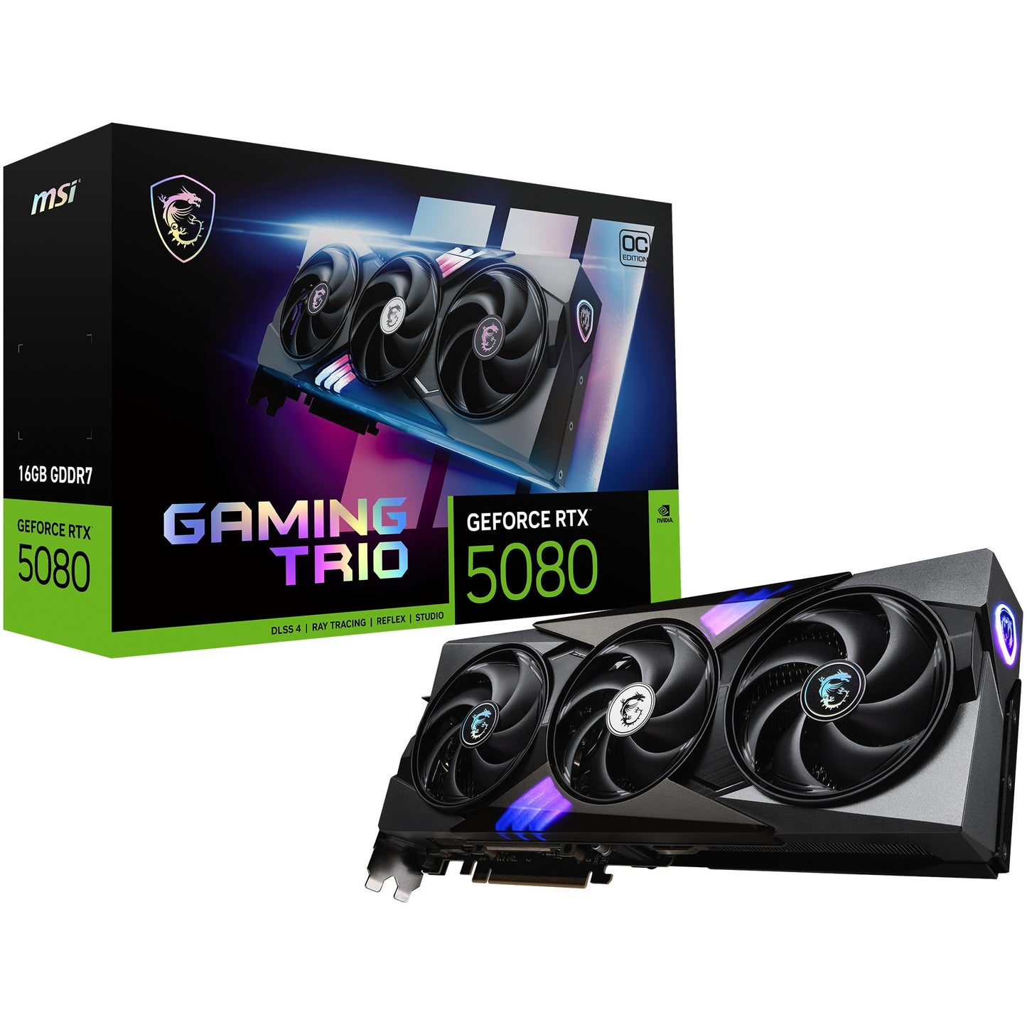 MSI GAMING GEFORCE RTX 5080 16G TRIO OC. GeForce RTX 5080. 16GB. GDDR7. 256 bita. 7680 x 4320 piksela. PCI Express x16 5.0