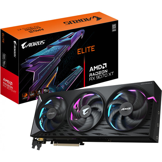 GIGABYTE AORUS Radeon RX 9070 XT ELITE 16G Grafička kartica - 16 GB GDDR6. 256-bit. PCI-E 5.0. Frekvencija jezgra 3100 MHz. 2 x DisplayPort. 2 x HDMI. GV-R9070XTAORUS E-16GD. Radeon RX 9070 XT. 16 GB. GDDR6. 256-bit. 7680 x 4320 piksela. PCI Express 5.0