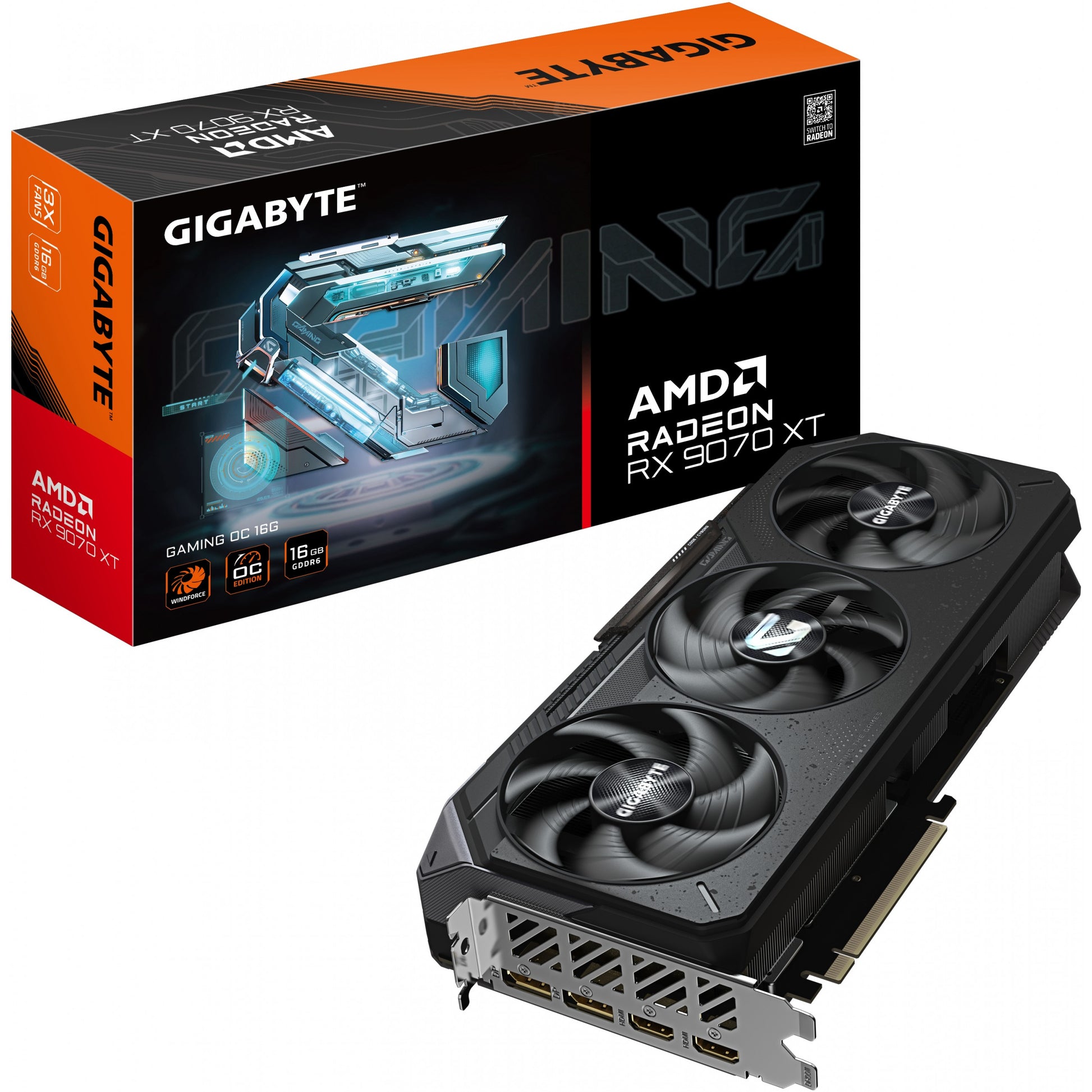 GIGABYTE Radeon RX 9070 XT GAMING OC 16G Grafička kartica - 16 GB GDDR6. 256-bit. PCI-E 5.0. Frekvencija jezgra 3060 MHz. 2 x DisplayPort. 2 x HDMI. GV-R9070XTGAMING OC-16GD. Radeon RX 9070 XT. 16 GB. GDDR6. 256-bit. 7680 x 4320 piksela. PCI Express 5.0