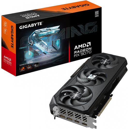 GIGABYTE Radeon RX 9070 GAMING OC 16G Grafička kartica - 16 GB GDDR6. 256-bit. PCI-E 5.0. Frekvencija jezgra 2700 MHz. 2 x DisplayPort. 2 x HDMI. GV-R9070GAMING OC-16GD. Radeon RX 9070. 16 GB. GDDR6. 256-bit. 7680 x 4320 piksela. PCI Express 5.0