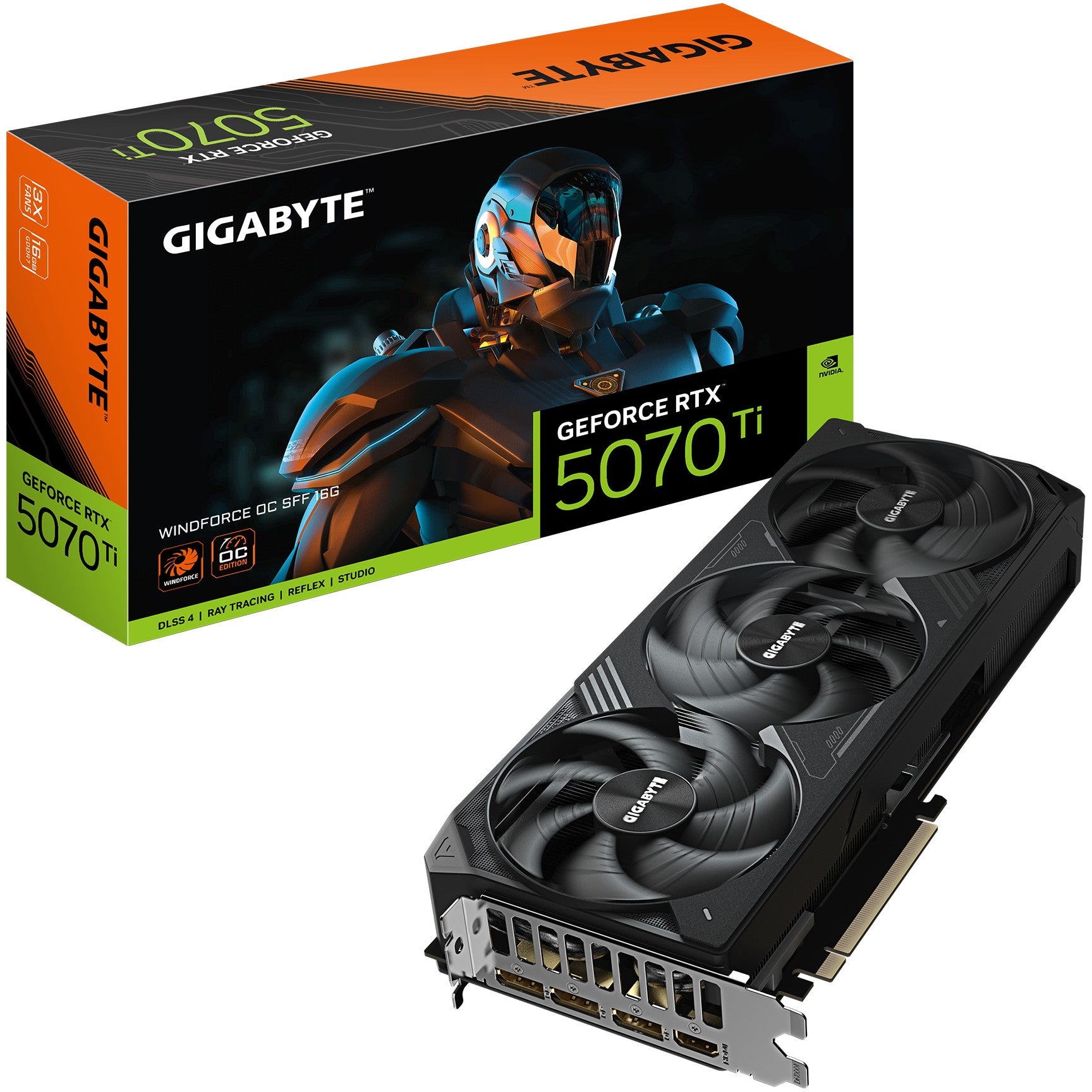 GIGABYTE GeForce RTX 5070 Ti WINDFORCE OC SFF 16G grafička kartica - 16GB GDDR7. 256 bita. PCI-E 5.0. Takt jezgra 2497MHz. 3 x DP 2.1a. 1 x HDMI 2.1b NVIDIA DLSS 4. GV-N507TWF3OC-16GD. GeForce RTX 5070 Ti. 16GB. GDDR7. 256 bita. 7680 x 4320 piksela. PCI Express x16 5.0