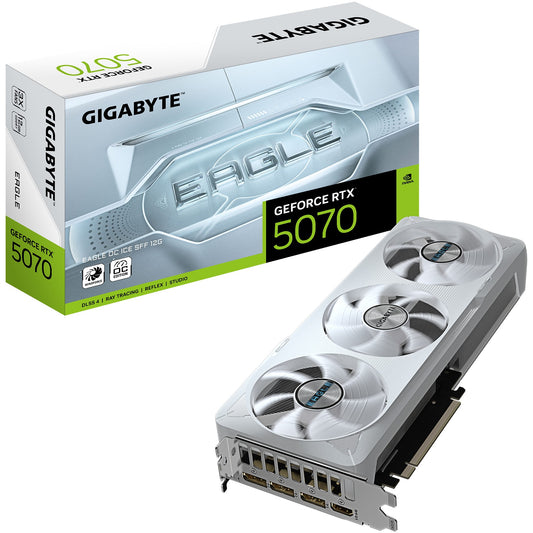 GIGABYTE GeForce RTX 5070 EAGLE OC ICE SFF 12G grafička kartica - 12GB GDDR7. 192 bita. PCI-E 5.0. Takt jezgra 2587MHz. 3 x DP 2.1a. 1 x HDMI 2.1b NVIDIA DLSS 4. GV-N5070EAGLEOC ICE-12GD. GeForce RTX 5070. 12GB. GDDR7. 192 bita. 7680 x 4320 piksela. PCI Express x16 5.0