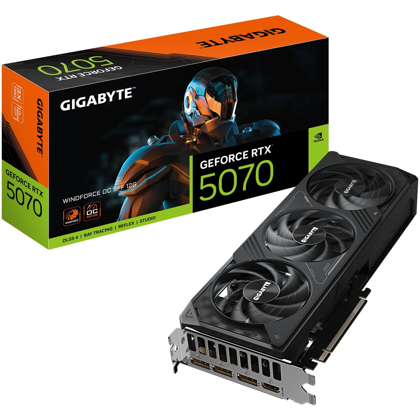 GIGABYTE GeForce RTX 5070 WINDFORCE OC SFF 12G grafička kartica - 12GB GDDR7. 192 bita. PCI-E 5.0. Takt jezgra 2542MHz. 3 x DP 2.1a. 1 x HDMI 2.1b NVIDIA DLSS 4. GV-N5070WF3OC-12GD. GeForce RTX 5070. 12GB. GDDR7. 192 bita. 7680 x 4320 piksela. PCI Express x16 5.0