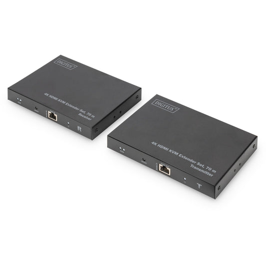Digitus 4K HDMI KVM set produživača. 70 m. Predajnik i prijemnik. 70 m. Cat6. Cat7. Cat8. Crni. Aluminij. Status.