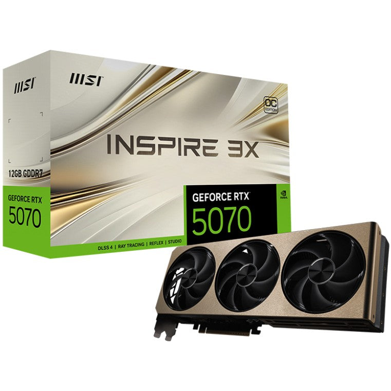 MSI GeForce RTX 5070 12G INSPIRE 3X OC. GeForce RTX 5070. 12GB. GDDR7. 192 bita. 7680 x 4320 piksela. PCI Express 5.0