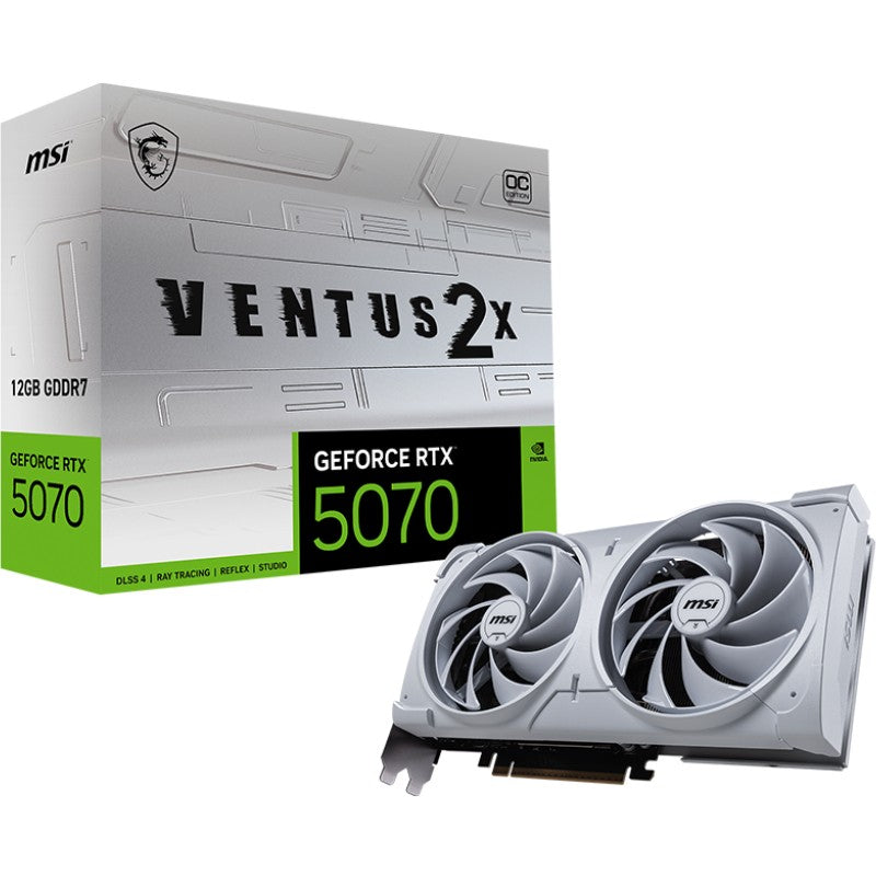 MSI GeForce RTX5070 VENTUS 2X OC Bijela. GeForce RTX 5070. 12GB. GDDR7. 192 bita. 7680 x 4320 piksela. PCI Express 5.0