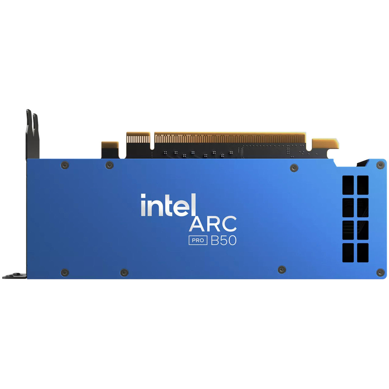 Intel Arc Pro B50. 16 GB. GDDR6. 128 bita. 7680 x 4320 piksela. PCI Express 5.0. 1 ventilator