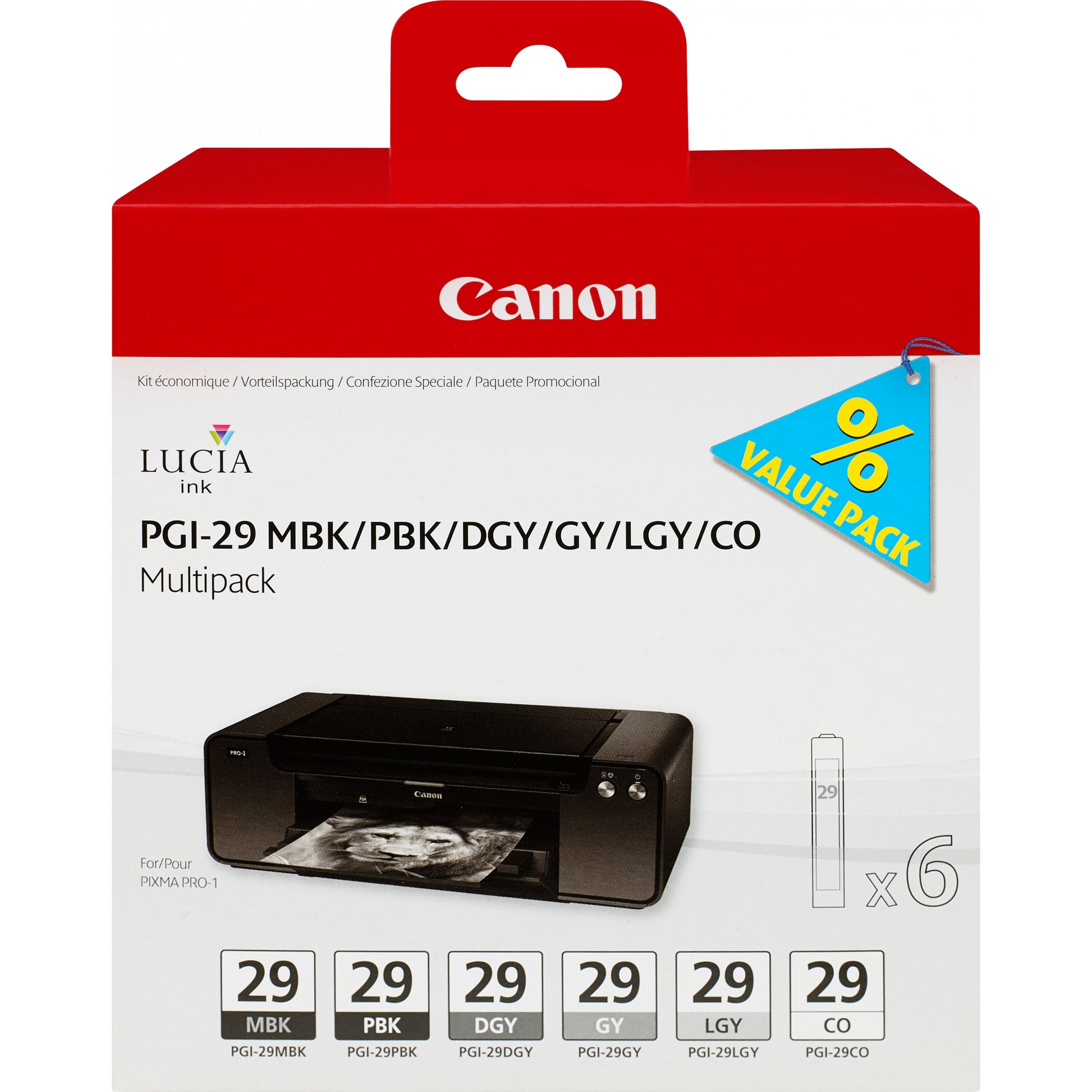 Canon PGI-29 MBK/PBK/DGY/GY/LGY/CO Višestruko pakovanje sa 6 tinti. Crna. Tamnosiva. Siva. Svijetlosiva. Mat crna. Foto crna. 36 ml. Višestruko pakovanje