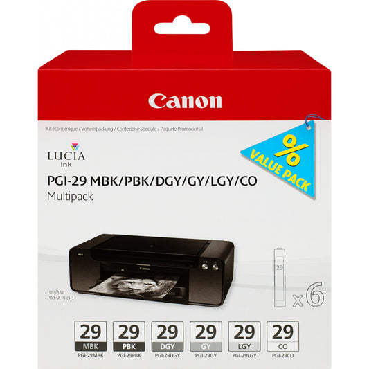 Canon PGI-29 MBK/PBK/DGY/GY/LGY/CO Višestruko pakovanje sa 6 tinti. Crna. Tamnosiva. Siva. Svijetlosiva. Mat crna. Foto crna. 36 ml. Višestruko pakovanje
