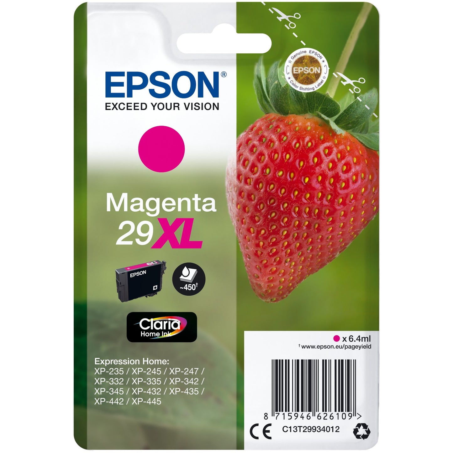 Epson Strawberry Singlepack Magenta 29XL Claria Home Ink. Visoki (XL) prinos. Magenta. Tinta na bazi pigmenta. 6,4 ml. 1 komad. 450 stranica.