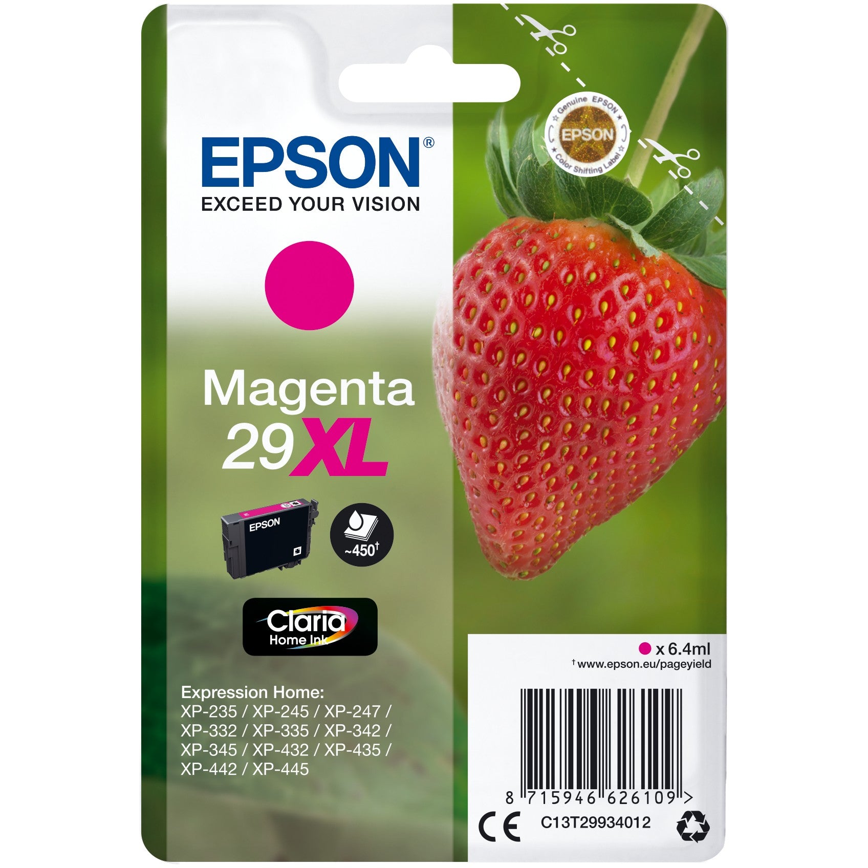 Epson Strawberry Singlepack Magenta 29XL Claria Home Ink. Visoki (XL) prinos. Magenta. Tinta na bazi pigmenta. 6,4 ml. 1 komad. 450 stranica.