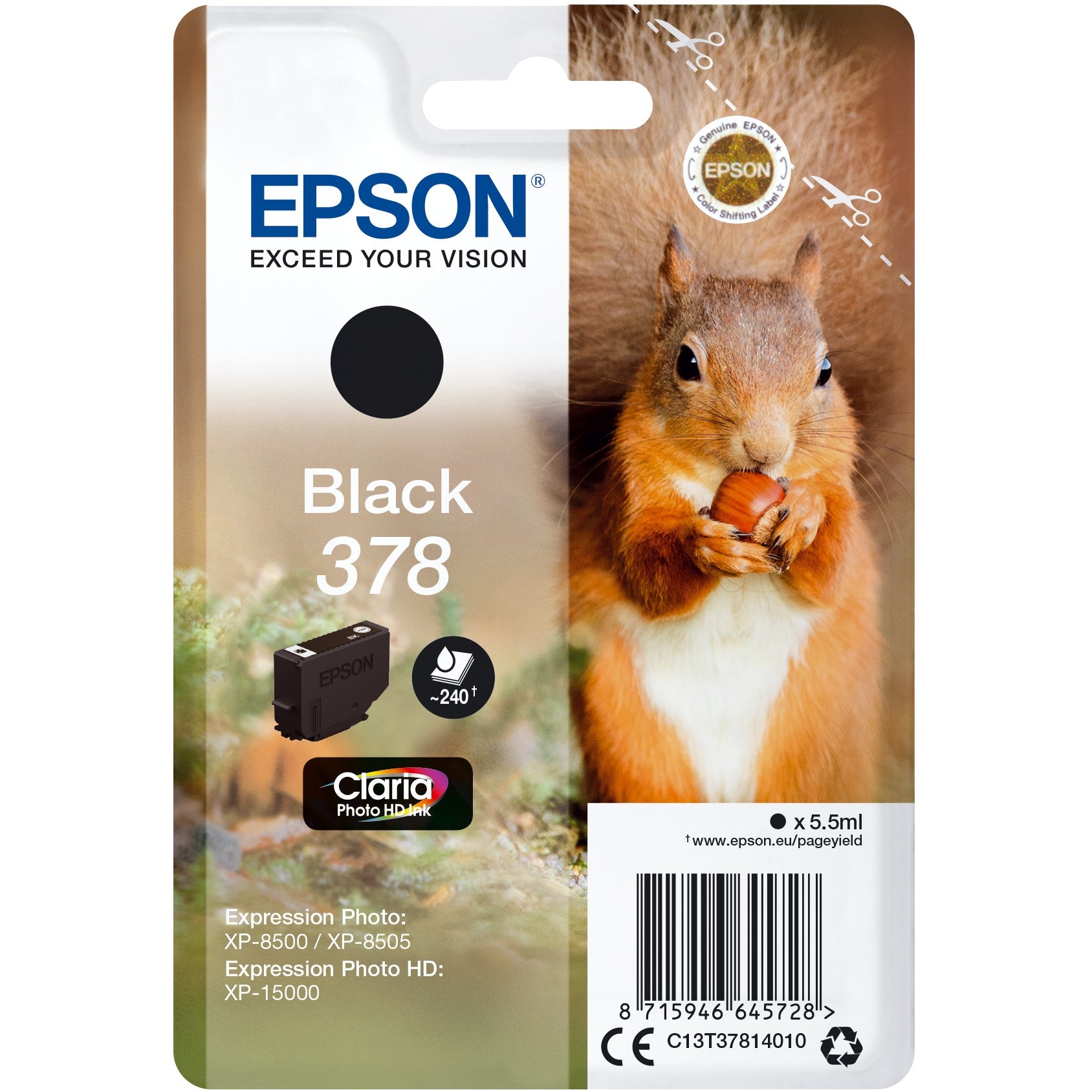Epson Squirrel pojedinačno pakovanje crne 378 Claria Photo HD tinte. Standardni prinos. Crna. Tinta na bazi pigmenta. 5,5 ml. 1 komad. 240 stranica.