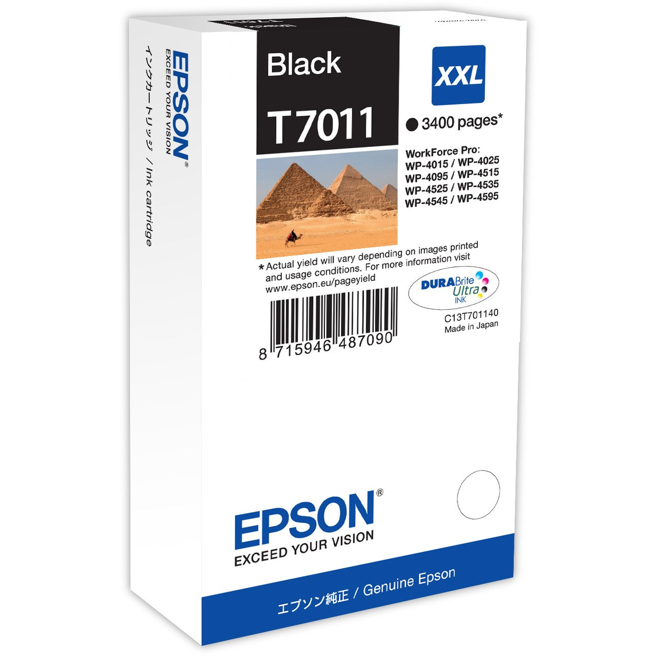 Epson XXL crni kertridž sa tintom kapaciteta 3.4k. Izuzetno visok (super) prinos. Crna. Tinta na bazi pigmenta. 63,2 ml. 1 komad.
