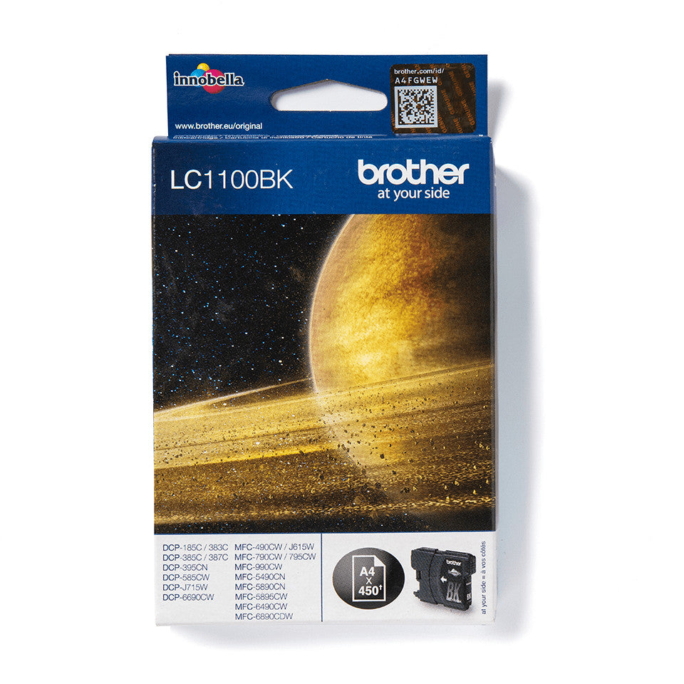 Brother LC1100BK. Crna. Tinta na bazi pigmenta. 1 komad. 450 stranica. Pojedinačno pakovanje.